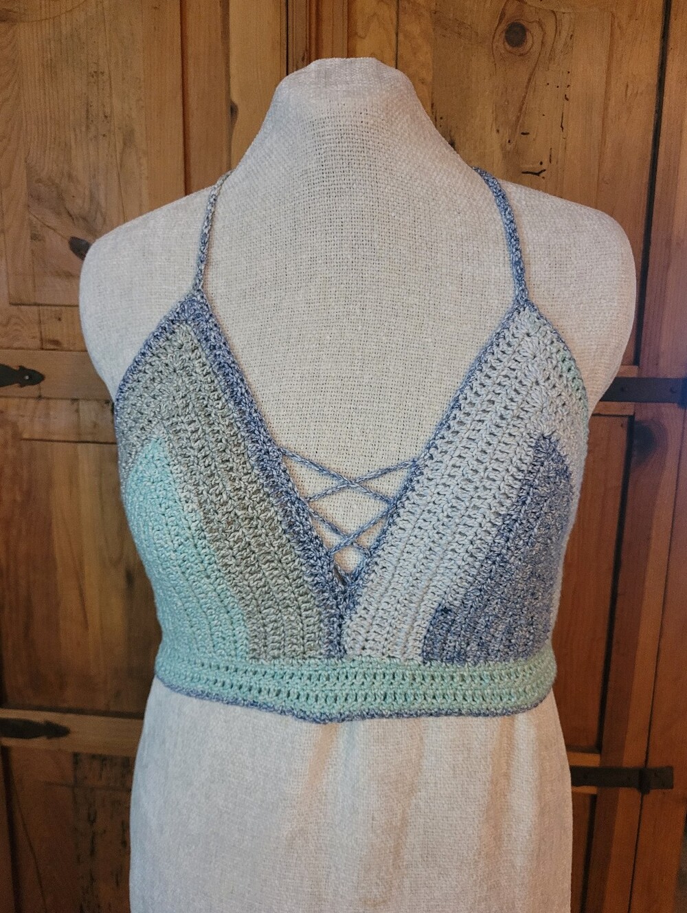 Handmade Crochet Bralette in Mint and Heathered Blue